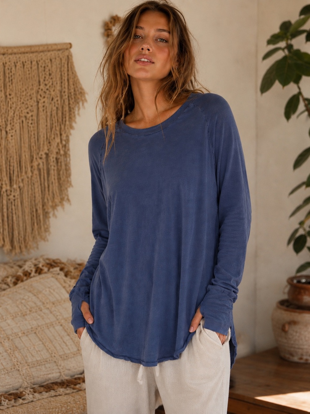 We The Free 100% Cotton Oversized Tunic Top Blue Long Sleeve - Picture 1 of 9